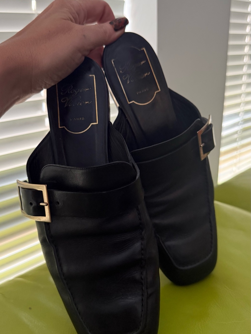 Black Leather Slip-On Loafer Mules with Gold Buckle